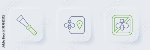 Set line Stop bee, Bee location and Beekeeping knife icon. Vector
