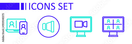 Set line Video chat conference, Speaker volume and icon. Vector