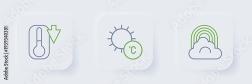 Set line Rainbow with cloud, Sun and Thermometer icon. Vector