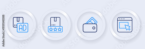 Set line Advertising, Wallet with money, Consumer product rating and icon. Vector
