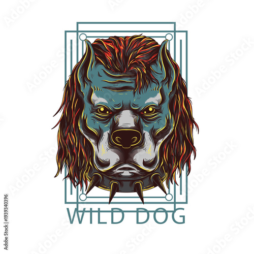 Wild Dog Portrait: A stylized illustration of a formidable wild dog, exuding strength and boldness, showcasing a striking color palette and intricate design.