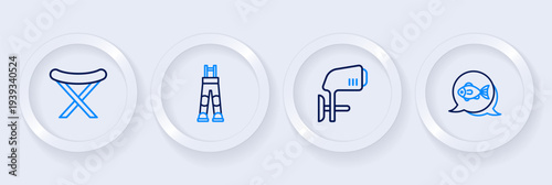 Set line Fish, Outboard boat motor, Fisherman pants and Fishing harpoon icon. Vector