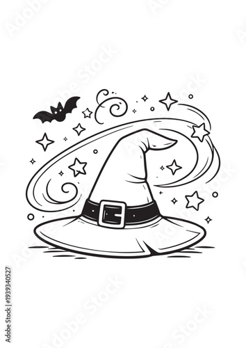 Witch Hat With Magic Stars Halloween Coloring Page