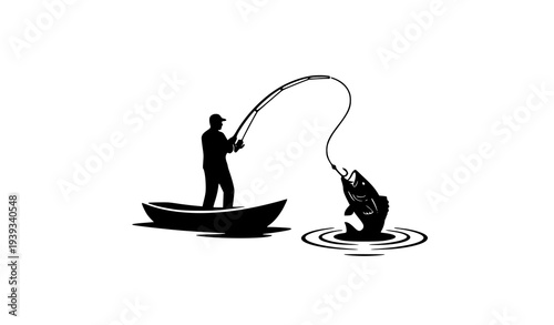 Fisherman Fishing from Boat Silhouette with Spinning Rod Vector Illustration