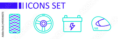 Set line Racing helmet, Car battery, steering wheel and tire icon. Vector
