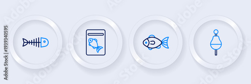 Set line Fishing float, Served fish on plate and skeleton icon. Vector