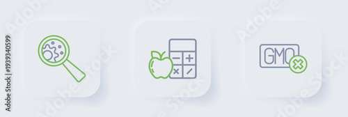 Set line No GMO, Calorie calculator and icon. Vector