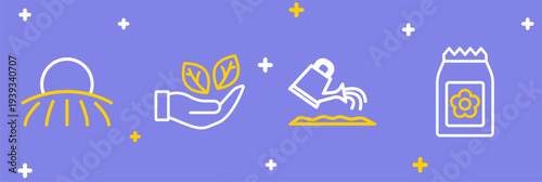 Set line Pack full of seeds, Watering can, Leaf hand and Sunrise icon. Vector