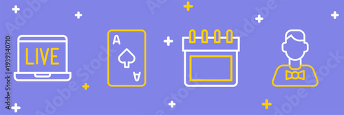 Set line Casino dealer, Calendar, Playing card with spades symbol and Online poker table game icon. Vector
