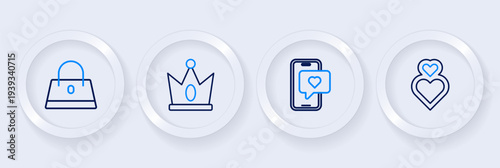 Set line Heart, Mobile with heart, King crown and Handbag icon. Vector