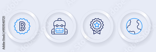 Set line Earth globe, Medal with star, School backpack and Exam paper incorrect answers icon. Vector