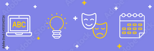 Set line School timetable, Comedy and tragedy masks, Creative lamp light idea and Laptop icon. Vector