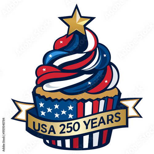 USA 250 Years Anniversary Cupcake Patriotic Illustration. Patriotic cupcake with red, white, and blue swirl frosting, topped with a golden star. The cupcake liner features the American flag design 