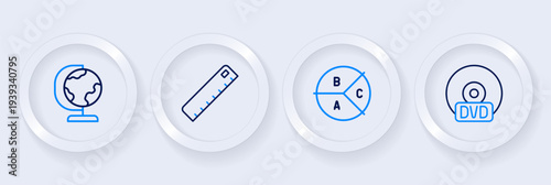 Set line CD or DVD disk, Pie chart infographic, Ruler and Earth globe icon. Vector