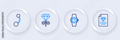 Set line Certificate of the diamond, Wrist watch, Stud earrings and Piercing icon. Vector