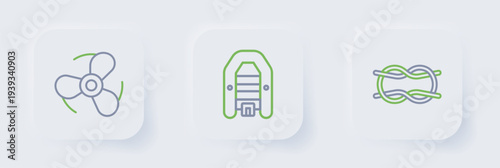 Set line Nautical rope knots, Inflatable boat with motor and Boat propeller icon. Vector