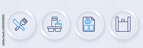 Set line Online ordering food, Restaurant cafe menu, Coffee cup to go and Crossed knife and fork icon. Vector