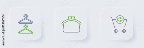 Set line Add to Shopping cart, Wallet and Hanger wardrobe icon. Vector