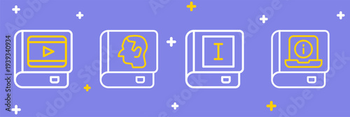 Set line User manual, Book, Law book and about cinema icon. Vector