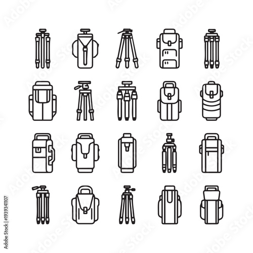Camera Bags and Tripods Collection Icons Minimalist Line Art