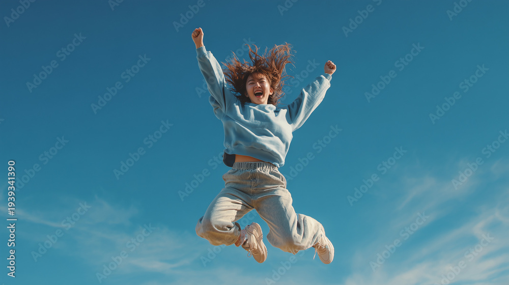 Obraz premium joyful young woman jumping energetically against clear blue sky, happy girl leaping with arms raised in freedom, active lifestyle and celebration of success