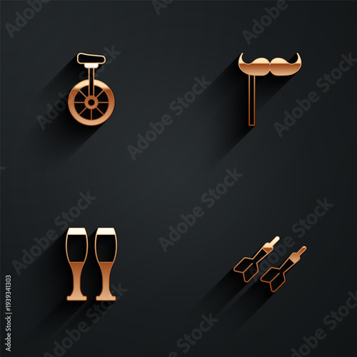 Set Unicycle, Paper mustache on stick, Bowling pin and Dart arrow icon with long shadow. Vector