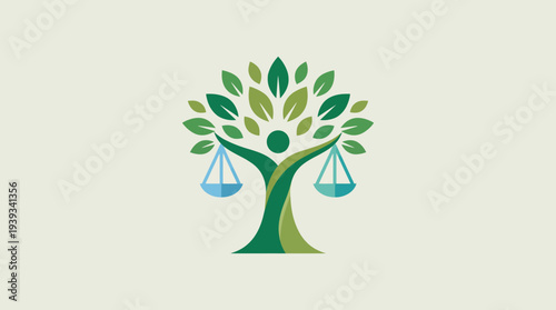 A vibrant and creative logo featuring a tree holding scales, representing growth, balance, justice, and harmony in nature and society for environmental organizations or law firms.