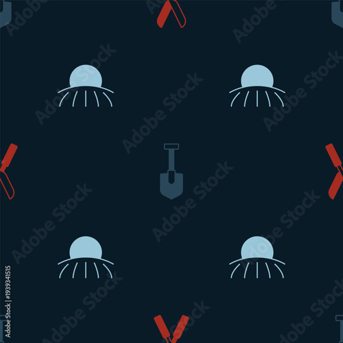 Set Gardening scissors, Shovel and Sunrise on seamless pattern. Vector