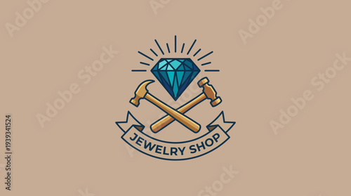 This logo for a jewelry shop features crossed hammers and a diamond, portraying craftsmanship and luxury, encapsulating the essence of elegance and intricate design in a clean presentation.