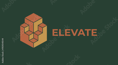 This striking geometric logo design features a series of interlocking cubes, representing elevation, structure, and modern design aesthetics, set against a rich dark background.