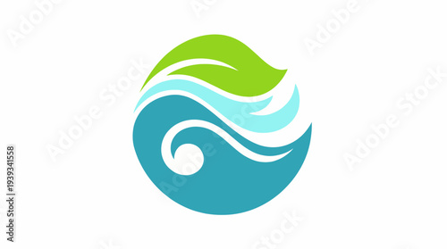 A serene and harmonious design featuring waves flowing beneath a green leaf, representing nature and environmental sustainability in a modern style.
