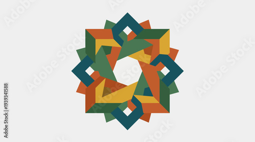 A vibrant and intricate circular geometric pattern composed of colorful shapes, emphasizing symmetry and balance, suitable for various design and artistic applications.