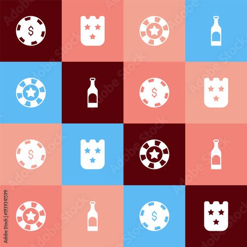 Set pop art Casino chip with dollar, Lottery ticket, chips and Bottle of wine icon. Vector