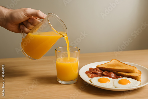 Pouring Orange Juice with Classic Breakfast – Eggs, Bacon and Toast