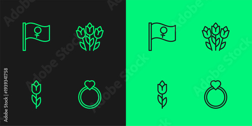 Set line Diamond engagement ring, Flower tulip, Feminist activist and icon. Vector
