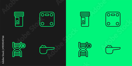 Set line Sports nutrition proteine, No GMO, Vitamins and Bathroom scales icon. Vector