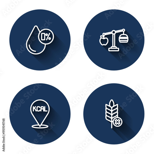Set line Water balance, Calorie calculator, Kcal and Gluten free grain with long shadow. Blue circle button. Vector