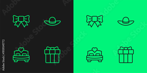 Set line Gift box and heart, Bedroom, bow and Elegant women hat icon. Vector