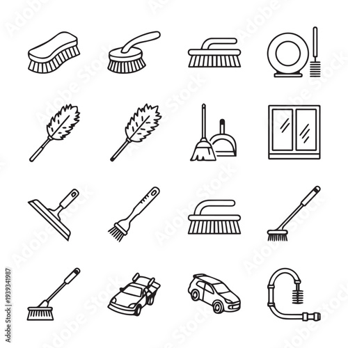 Cleaning Tools Collection Icons Set Household Chores Supplies Vector Line Art