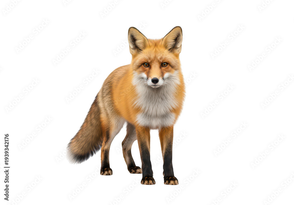 Obraz premium Vibrant red fox standing upright with bushy tail isolated on transparent background