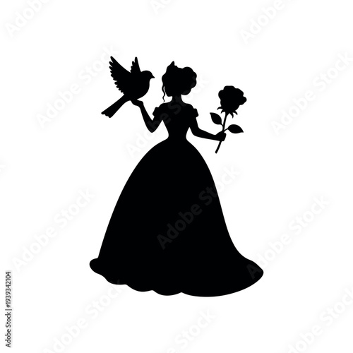 Princesses in gowns, birds, roses silhouette vector flat illustration design.
