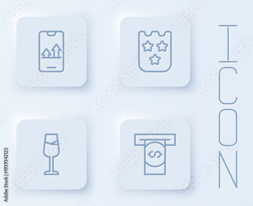 Set line Online sports betting, Lottery ticket, Wine glass and Automated teller machine and money. White square button. Vector