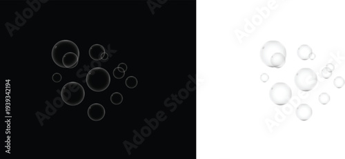 A visually striking image featuring transparent bubbles on contrasting black and white backgrounds viewed from a straightforward perspective showcasing the simplicity of graphic design elements.