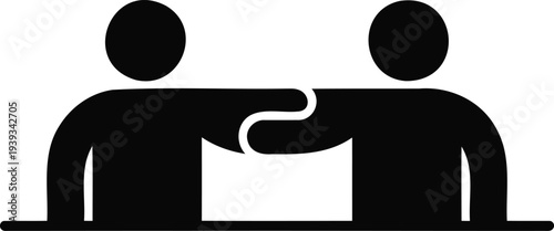 Two black silhouette figures with arms linked, symbolizing partnership, collaboration, and teamwork, isolated on a white background vector icon