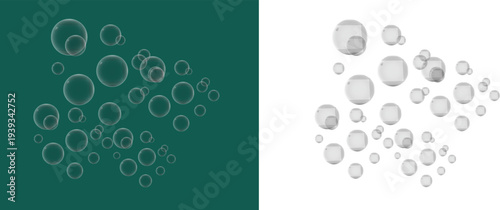 Collection of transparent bubbles arranged in a circular pattern on contrasting backgrounds, showcasing varied sizes and shapes in a visually appealing composition from a straightforward viewpoint