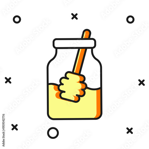 Filled outline Jar of honey and honey dipper stick icon isolated on white background. Food bank. Sweet natural food symbol. Honey ladle. Flat filled outline style with shadow. Vector