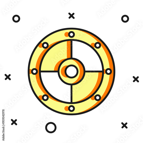 Filled outline Round shield icon isolated on white background. Security, safety, protection, privacy, guard concept. Flat filled outline style with shadow. Vector