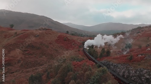 The Jacobite steam train passing over the Glenfinnan Viaduct in the Scottish Highlands. 