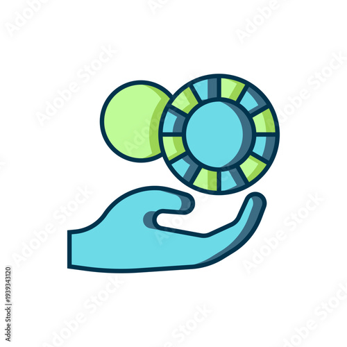 Filled outline Hand holding casino chips icon isolated on white background. Casino gambling. Flat filled outline style with shadow. Vector