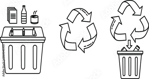 Recycling icons: Trash can with bottles, paper, cups, and arrows symbol